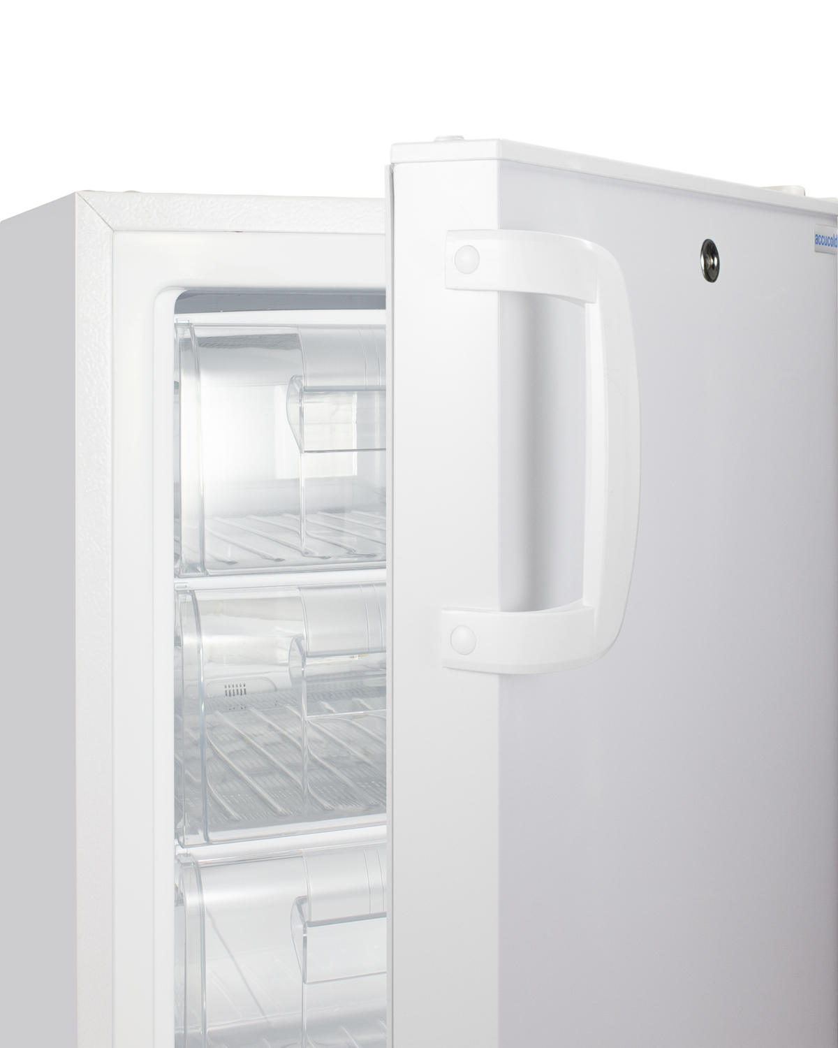 Built-in undercounter -25 C ADA compliant all-freezer in white with lock, digital controls, interior baskets, hospital cord with 'green dot' plug, factory installed access port, and manual defrost operation